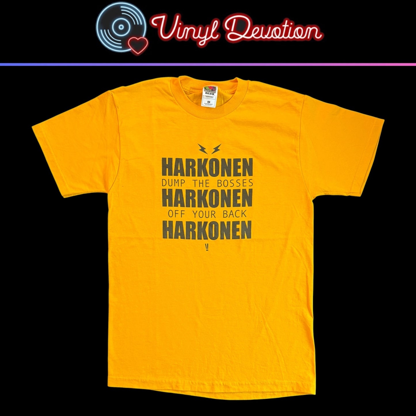 Harkonen Band Dump The Bosses Yellow 2001 Vintage T-Shirt Size M Helms Alee Botch