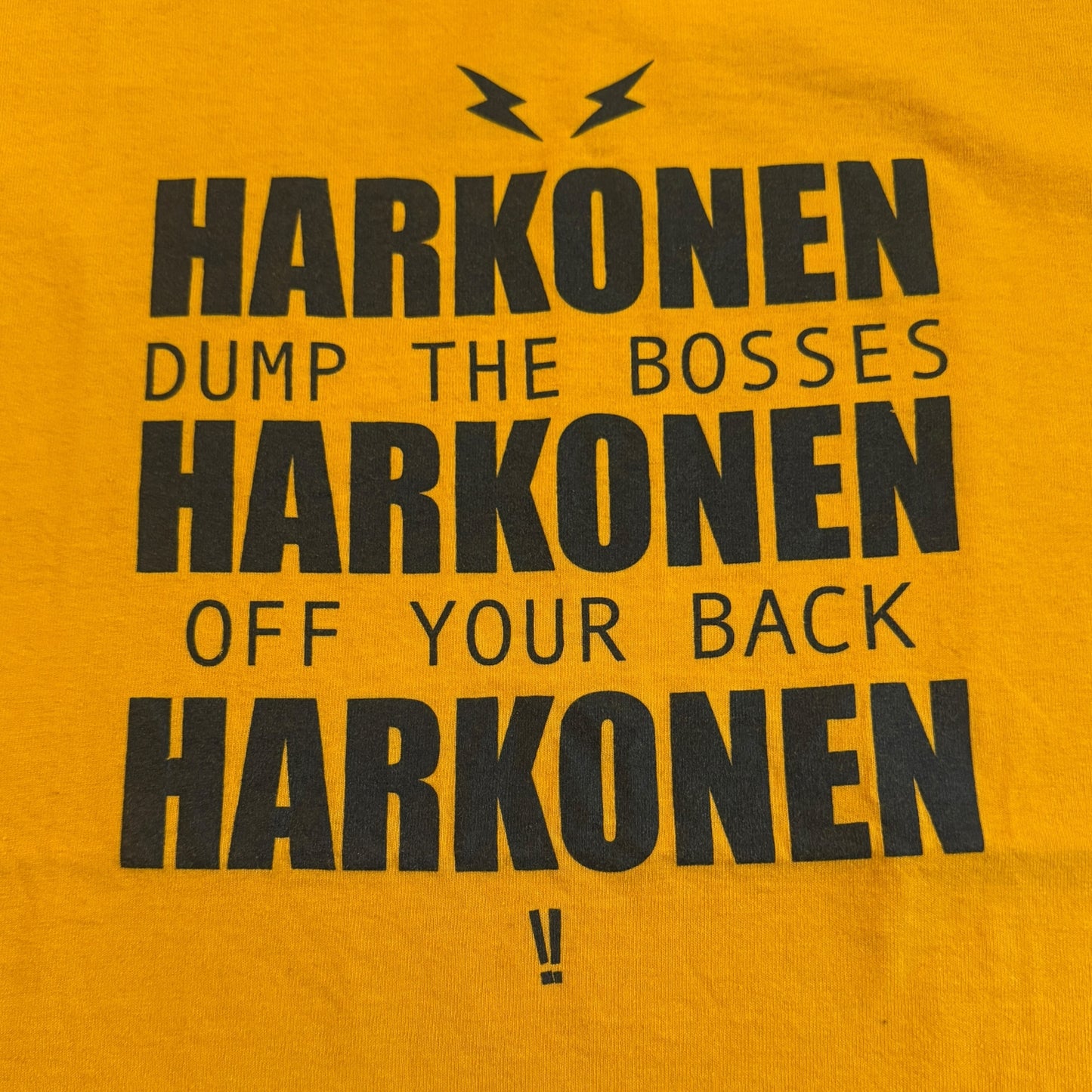 Harkonen Band Dump The Bosses Yellow 2001 Vintage T-Shirt Size M Helms Alee Botch
