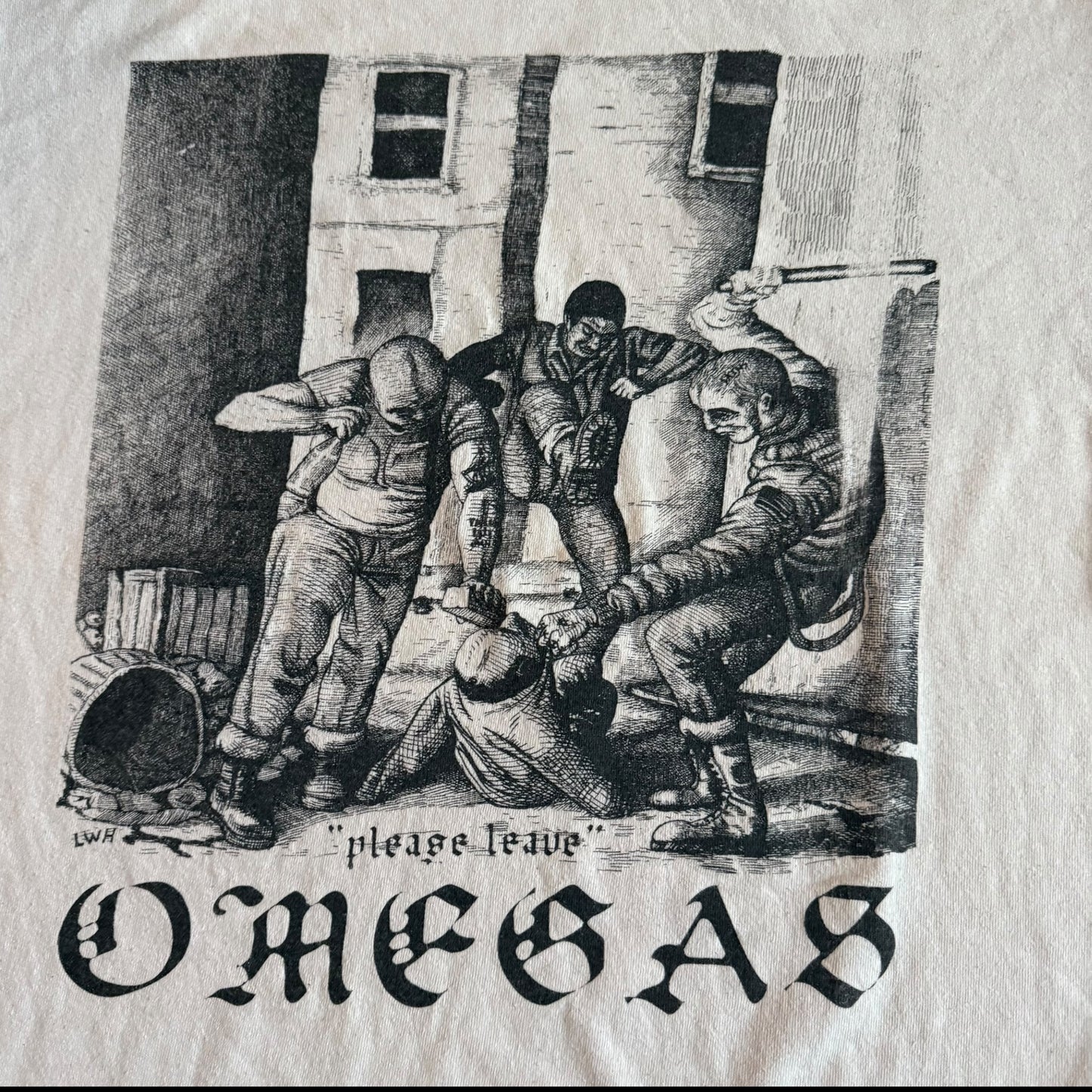 Omegas Hardcore Band Please Leave White T-Shirt Size L